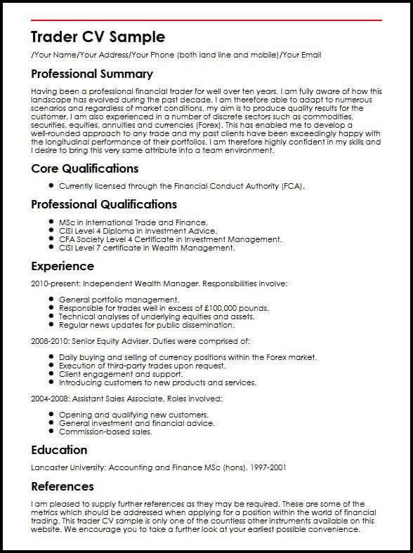 Trader Cv Sample