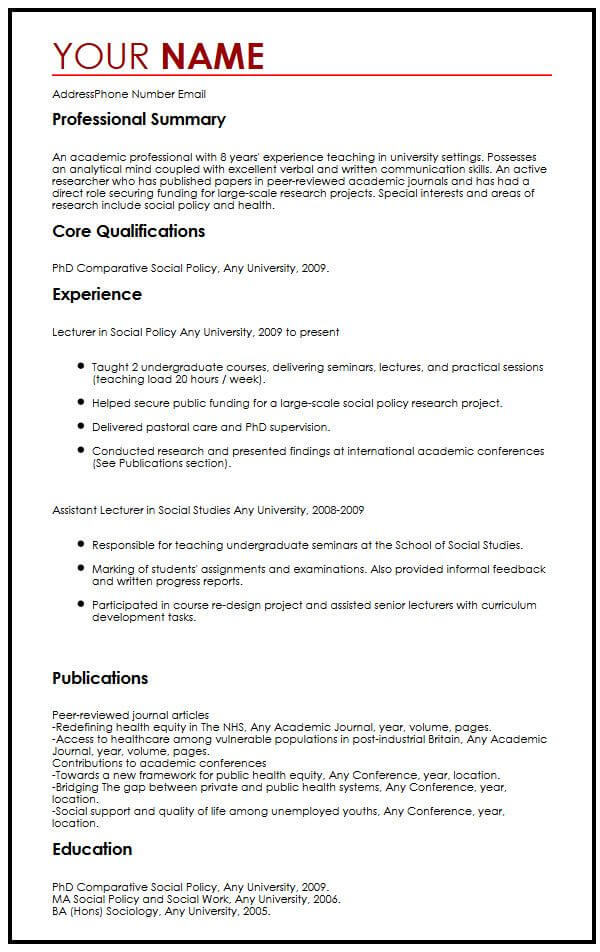 Academic Cv Example