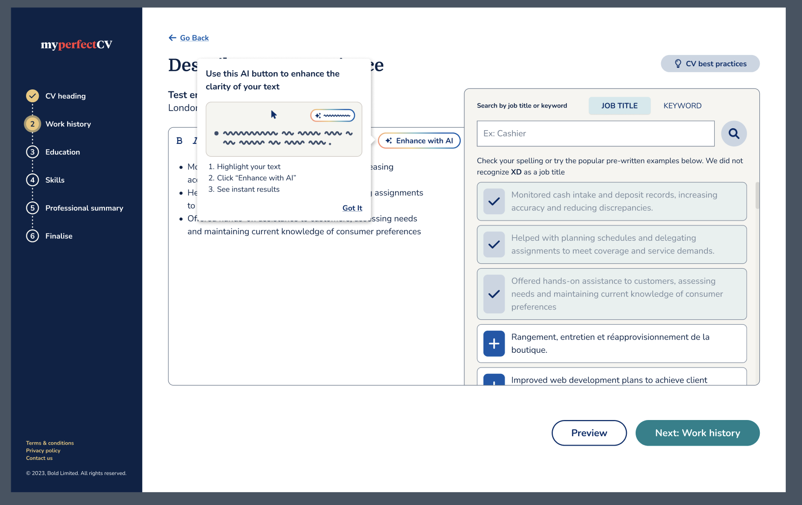 MyPerfectCV AI suggestions implementation