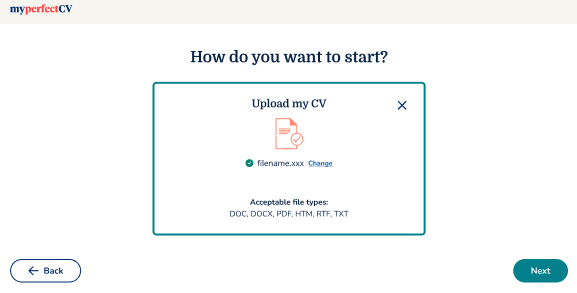 MyPerfectCV Upload CV Screen